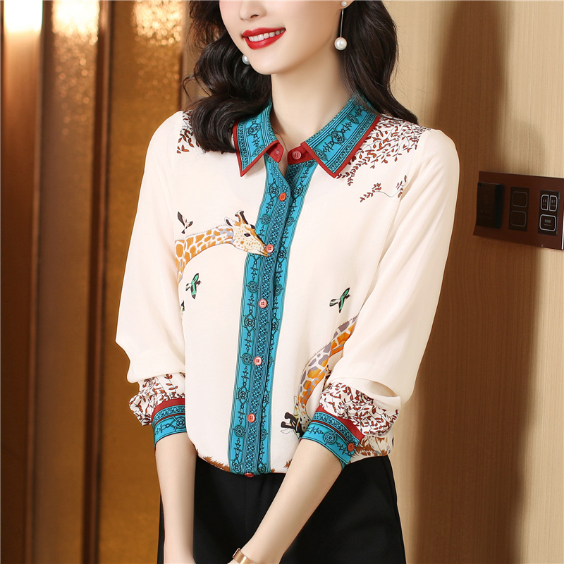 

2022 Women Classic Lapel Button Up Shirts Long Sleeve Luxury Silk Print Blouse Fine Elegant Ladies Office Casual Shirt Spring Autumn Cute Blouses Designer Woman Tops