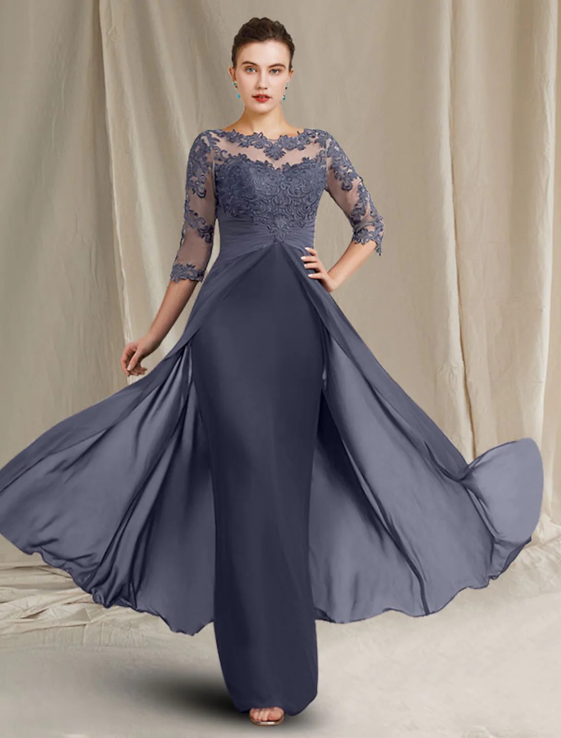 

2023 Gray Vintage Purple Mother of Bride Dress Jewel Lace Appliques Half Sleeves Godmother Wedding Party Gowns