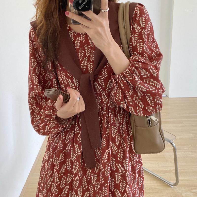 

Women Spring Autumn Vintage Elegant Loose Long Floral Dress Belt Slim Waist Lantern Sleeve Casual Dresses, Red dress