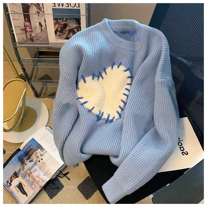 

Women's Sweaters Embroidered Heart Women's Sweater 2022 Autumn And Winter O-neck Japanese Fashion Pullover Loose Long-sleeved Knitted Sw, Blue