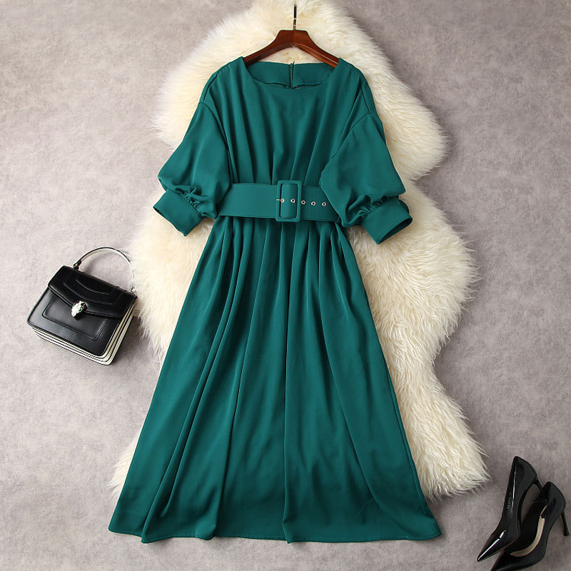

2022 Spring Summer 3/4 Sleeve Round Neck Black / Green Solid Color Belted Panelled Mid-Calf Dress Elegant Casual Dresses 22M253035
