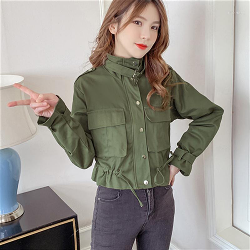 

Women' Jackets 2022 Spring Autumn Fashion Short Loose Zipper Stand-Up Collar Long-Sleeved Retro Drawstring Tooling Jacket Top Women H116, Black