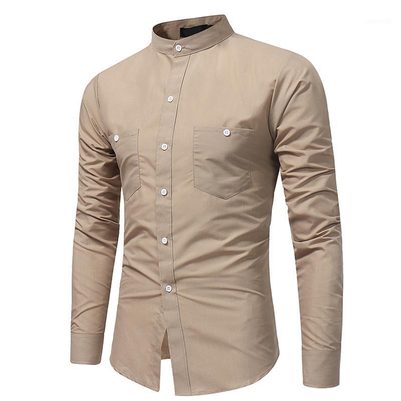 

Autumn Winter Stand Collar British Two Pocket Slim Fit Casual Dress Shirts Wedding Evening Chemise Homme Men Clothes Men's, Black