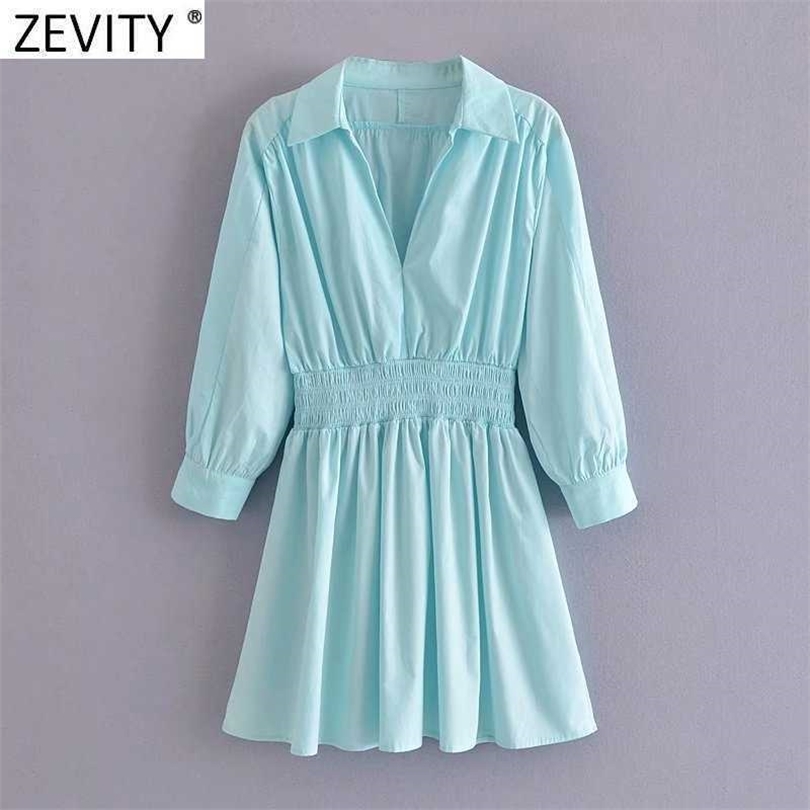 

Zevity Women Vintage V Neck Solid Pleats Mini Shirt Dress Female Chic Elastic Waist Retro Business Slim Vestidos DS8502 210603, As pic ds8502wf
