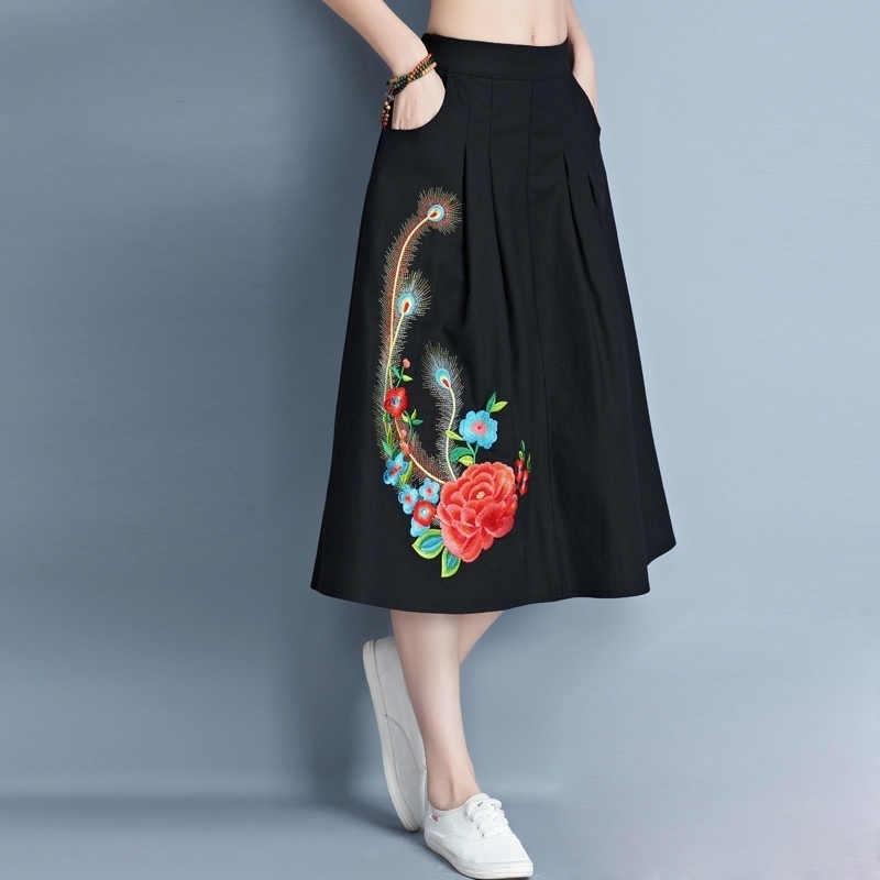 

women Floral Embroidered long skirt lady girls Cotton Linen Chinese Style spring summer autumn pockets ALine MidCalf skirt Y200326