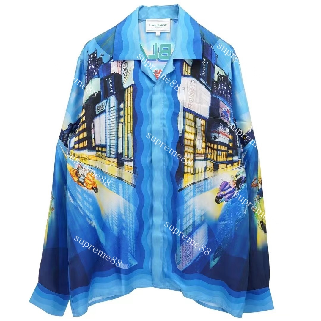

New Casablanca 22ss Tokyo Nights Real Night Motorcycle Long Sleeve Shirt Silk Men Designer Shirts, Pink