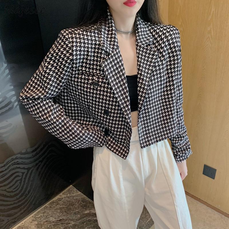 

Women' Jackets Women Basic Bird Lattice Cropped French Outwear Notched Fashion Office Lady Trendy Arrival Autumn Quality Vintage, Black