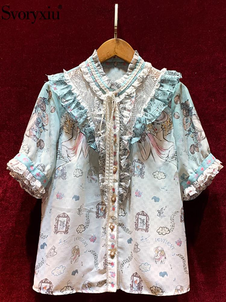 

Women' Blouses & Shirts Svoryxiu Designer Fashion Summer Gorgeous Shirt Tops Women' Short Sleeve Single Breasted Ruffle Print Beading, Multi