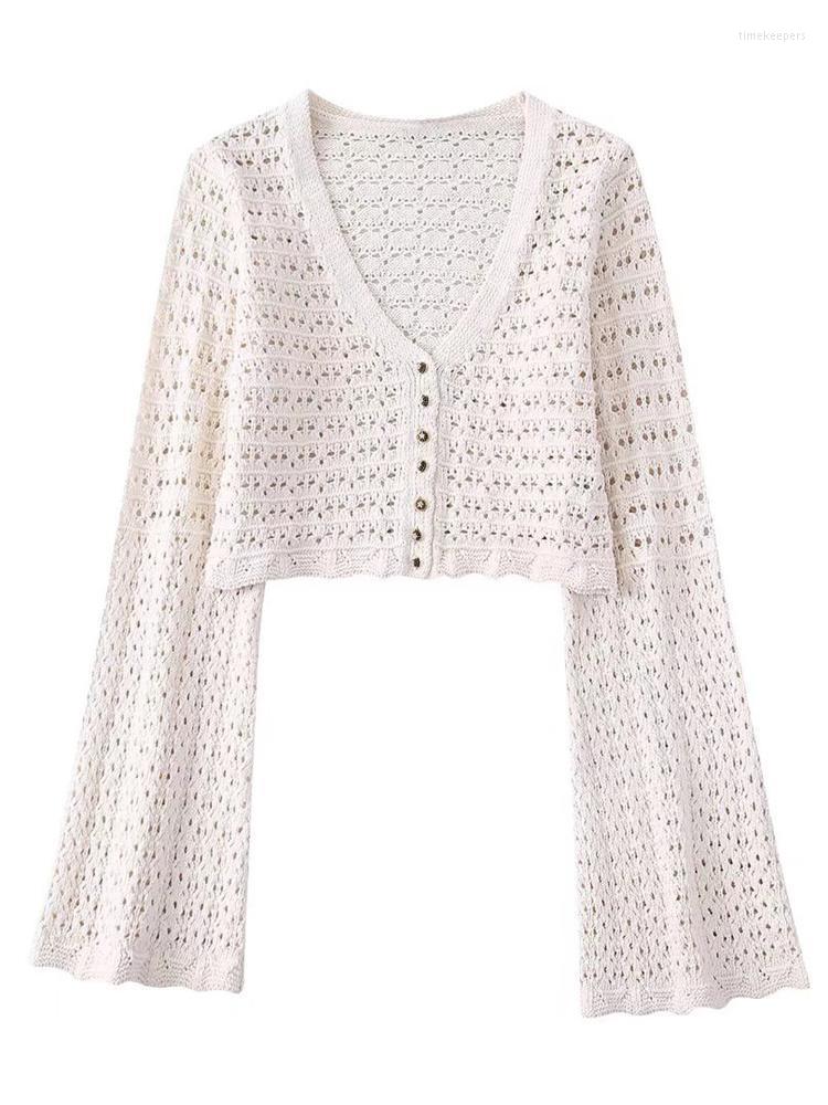 

Women' Knits & Tees Woman Casual Beige V Neck Knitted Cardigan 2022 Spring Chic Female Hollow Out Knitwear Ladies Soft Solid Button Cardiga