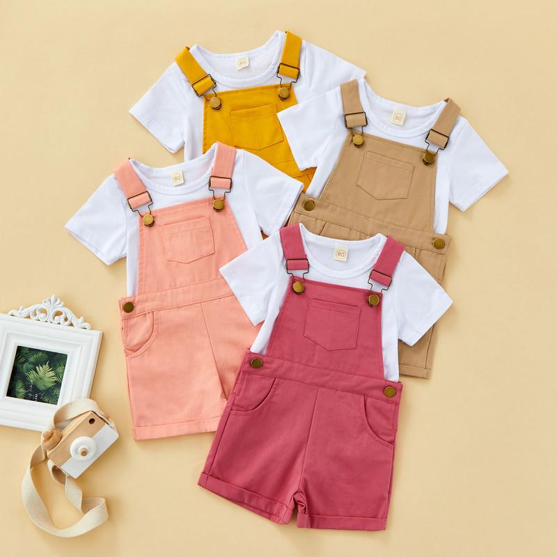 

Clothing Sets Toddler Kids Girls 2 Pieces Outfits White Round Neck Short Sleeve T-Shirts Tops Solid Color Straps Shorts Summer SetClothing