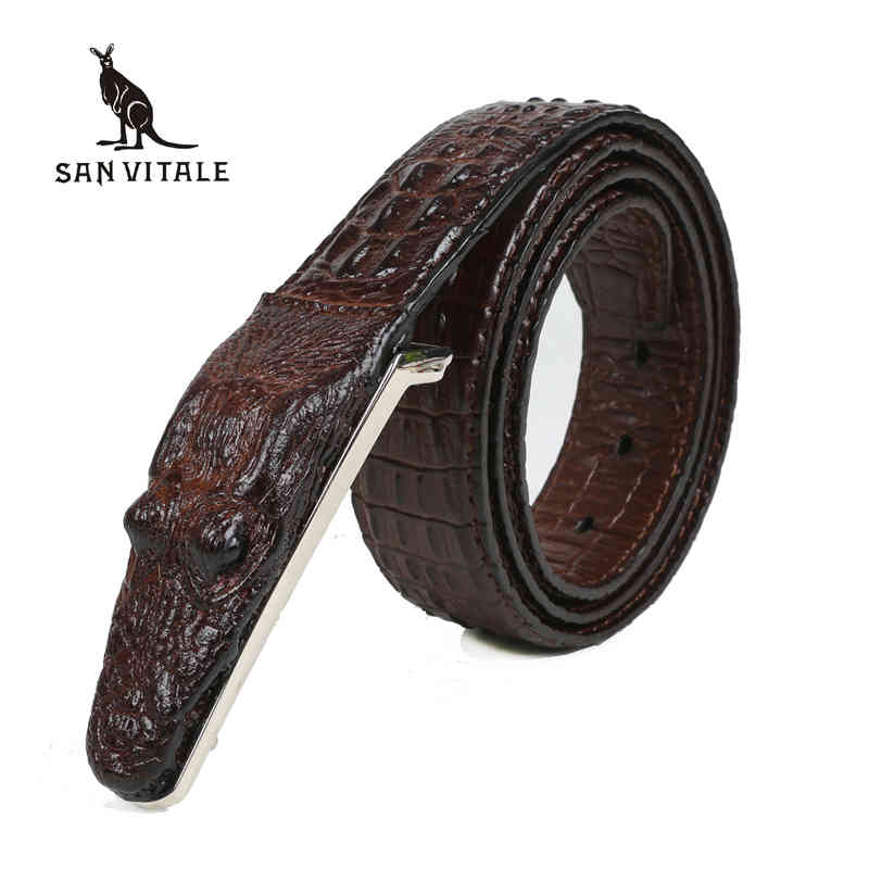 

San Vitale 3d Crocodile Famous Brand Leather Belt Designer Men Luxury Brand Smooth Buckle Belts for Man Ceinture Homme, Black