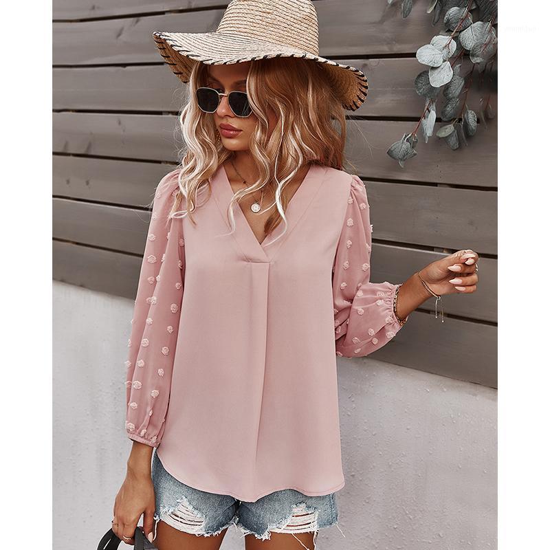 

Women' Blouses & Shirts Women Summer Long Sleeve Blouse Casual Ladies T-Shirts Elegant Lace Splicing Loose Solid Pullovers Autumn Dot Tops, Sky blue