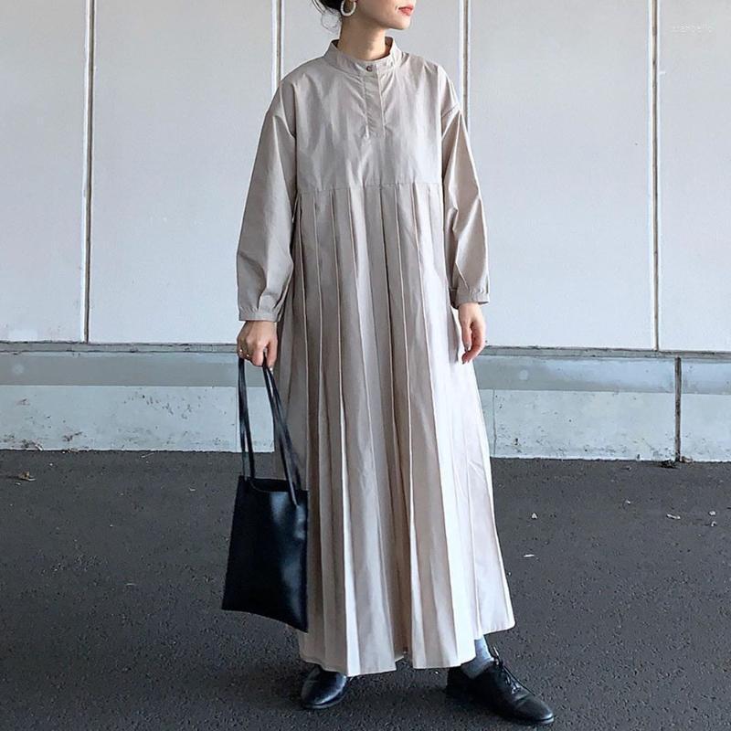 

Casual Dresses Women Pleated Dress Spring Autumn Long Sleeve Pullover Plain Ankle-Length Loose Korean Causal Vestidos Minimalist, Beige