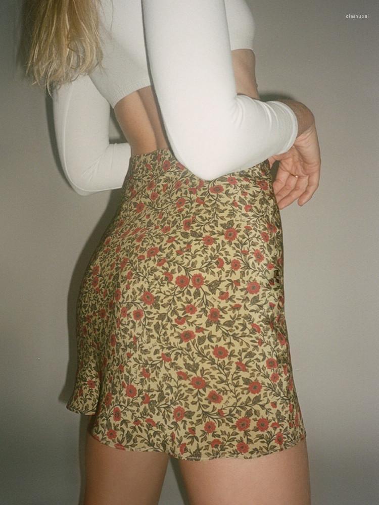 

Skirts Floral Print Silk Mini Skirt High Waist Package Hip Ruffles Short 2022 Holiday Summer