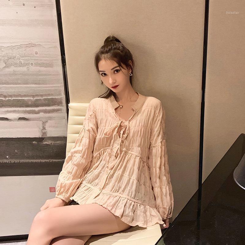 

Women's Blouses & Shirts Blusas Mujer 2022 Summer Korean Solid Loose Long Sleeved Slim Shirt Fashion Draped Lace Up V-neck Vintage Chic Blou, Beige