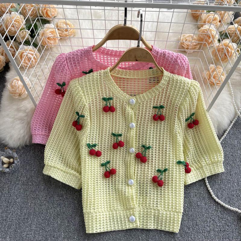 

Women's Knits & Tees Women's Summer 2022 Sweet Three-dimensional Knit Shirt Cardigan Short Sleeve Hollow Out TopWomen's, Green