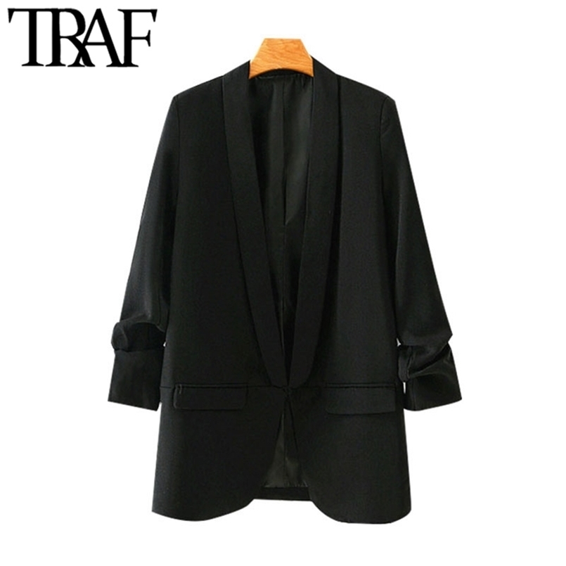 

TRAF Women Fashion Office Wear Basic Black Blazer Coat Vintage Pleated Sleeve Pockets Female Outerwear Chic Tops 220402, As picture