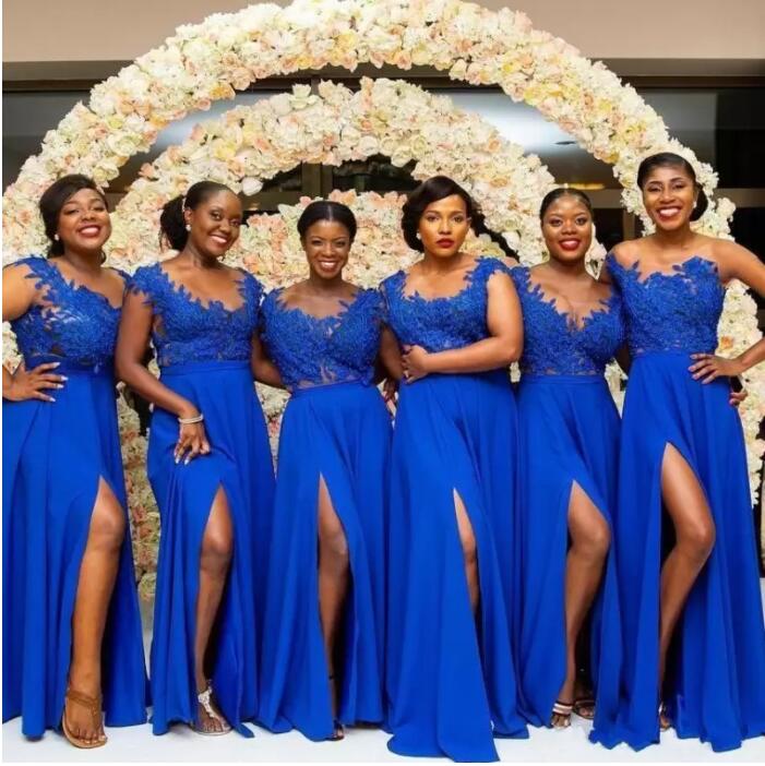 

2022 African Summer Royal Blue Chiffon Lace Bridesmaid Dresses A Line Cap Sleeve Split Long Maid of Honor Prom Gowns Plus Size Custom Made under 50 B0324