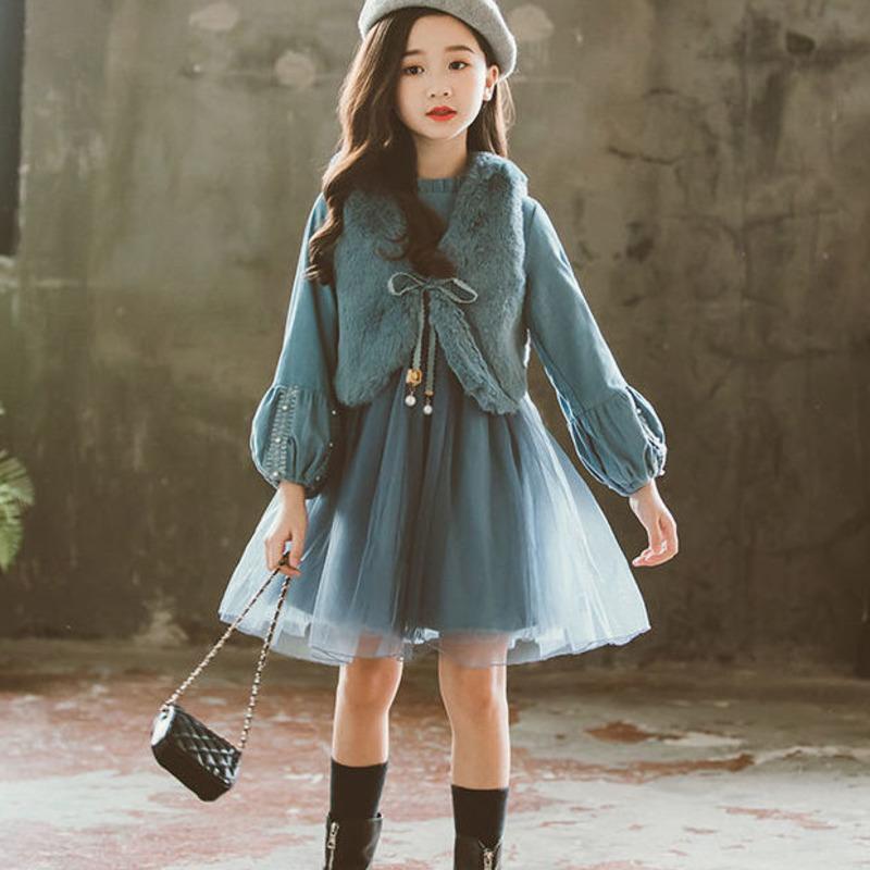 Robes de fille automne enfants vêtements pour bébés filles Costume fourrure gilet fête ensemble princesse enfants vêtements robe école porter pou
