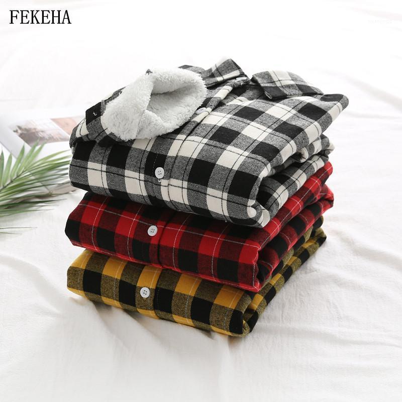 

Winter Velvet Plaid Shirts Womens Blouses Thick Keep Warm Checked Tops Female Clothes Outwear Women, Red