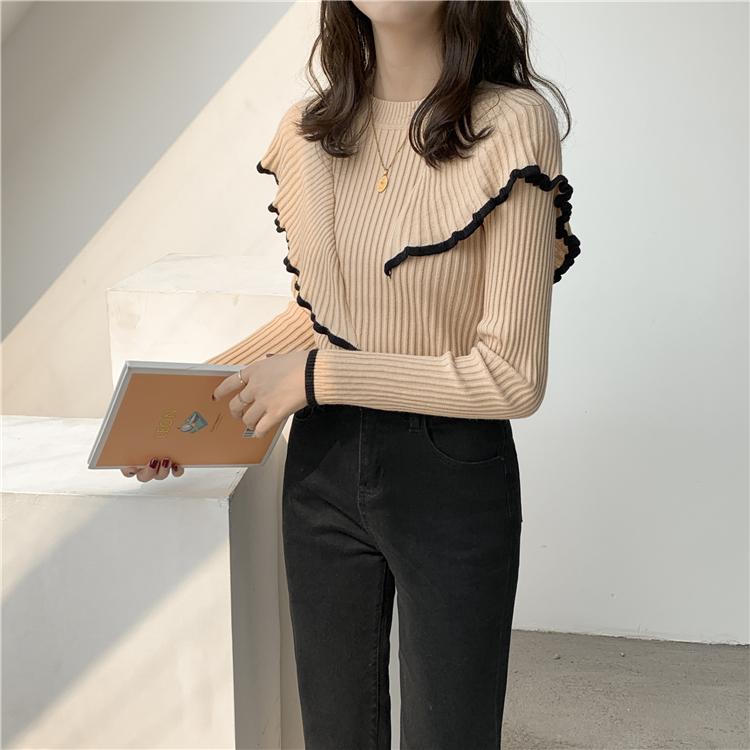 

Women's Sweaters Irregular Knit Sweater Korean Fashion Long Sleeve Patchwork Bottoming Top Women 2022Fall O Neck Solid Slim Warm Ruffle Pull, White;black
