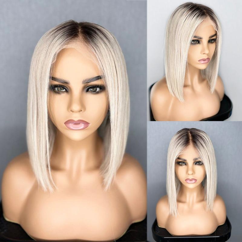 

Lace Wigs Platinum Blonde Ombre Short Bob Wig Straight Front Human Hair For Women Middle Part Pre Plucked 13x1 Frontal WigLace, Ombre blonde