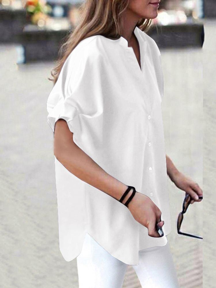 

Women' Blouses & Shirts Summer Solid 2022 Fashion Short Sleeve Tops Women Oversized Irregular Hem Blouse Casual Work Stand Collar CamisasWo, Purple