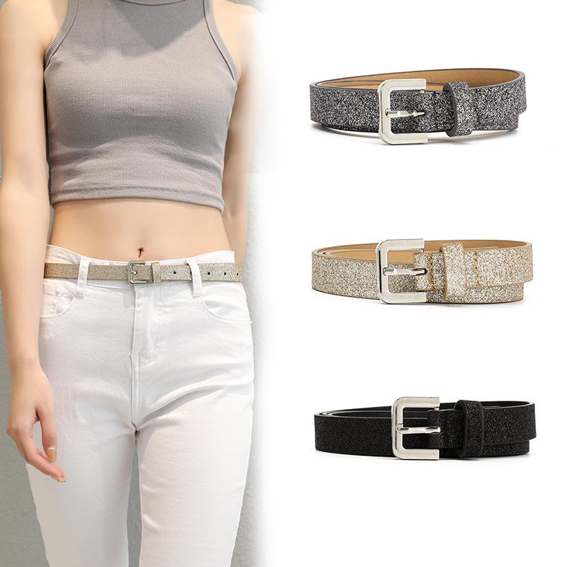 

Belts Silver Sequins Buckle Pu Belt Women Fashion Shiny Pin Female Dress Jeans Brand Design WaistbandBelts, Black
