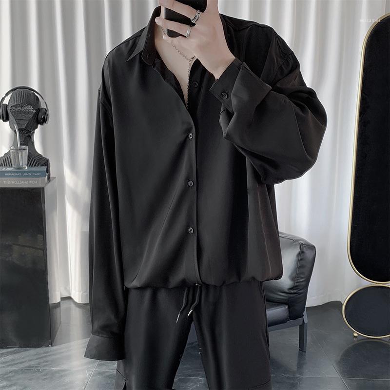 

Men's Casual Shirts 2022 Spring Long Sleeve Shirt Drape Sense Chiffon Top Korean Loose Lapel Fashion, Black