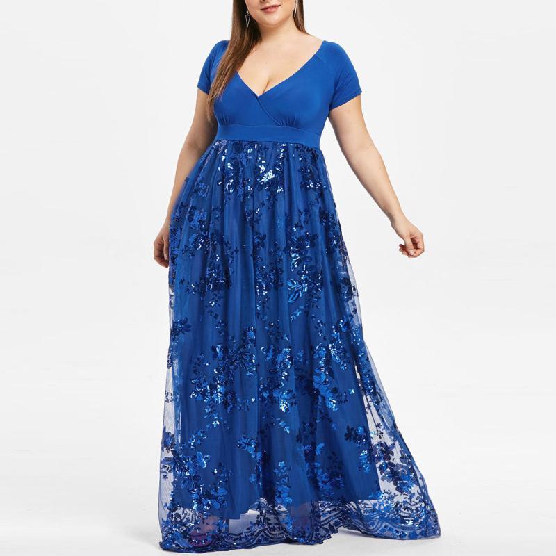 

Casual Dresses Women Plus Size V-Neck Short Sleeve Floral Sequined Elegant Evening Party Mesh Dress Club Night Outfits Vestido De Mujer A40, Blue