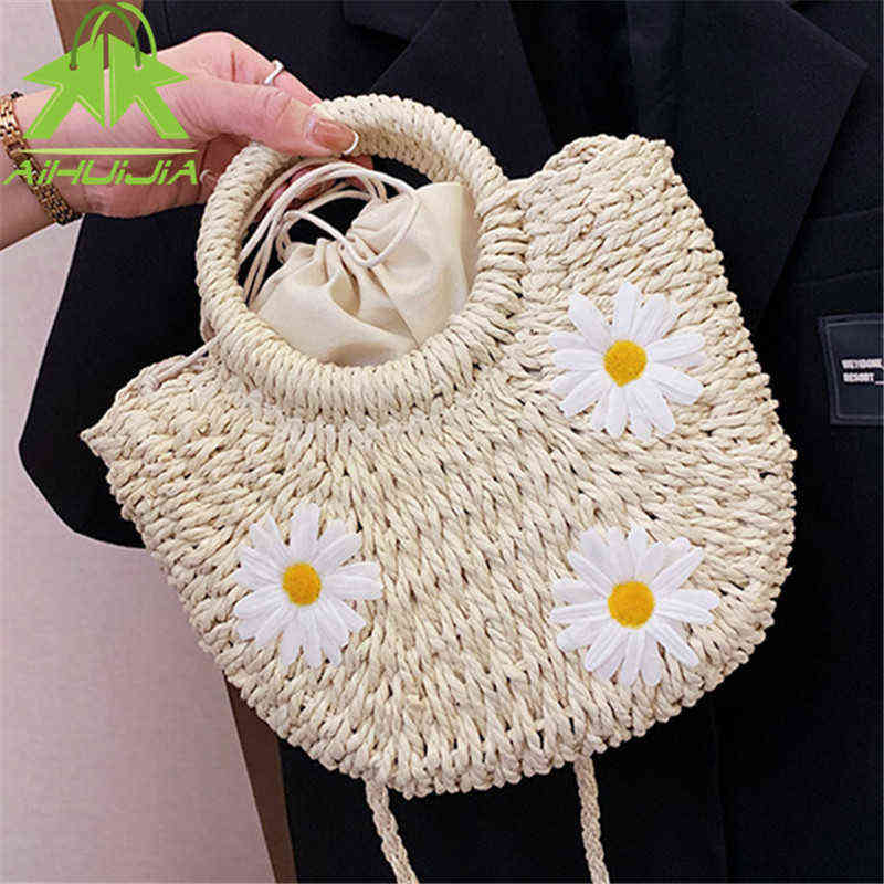

Shopping Bagsfashion Drawstring Womens Straw Hand Woven Messenger Bags Bohemian Shoulder Bag Moon Shape Seaside Resort Women Tote 220323, Khaki
