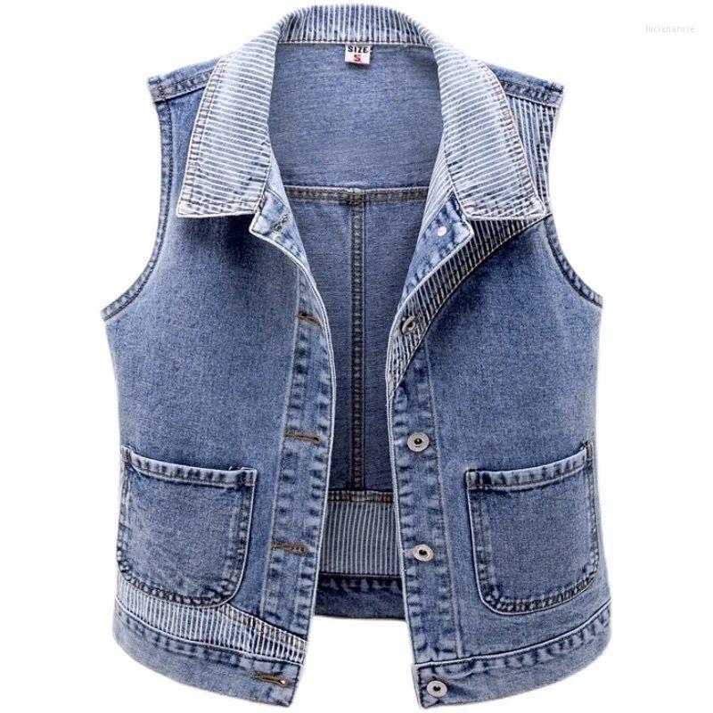 

Women's Vests 2022Spring Autumn Denim Vest Women Short Wild Striped Stitching Big Pocket Sleeveless Waistcoat Slim Female Top R132 Luci22, In blue