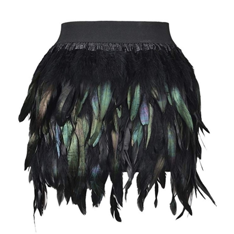 

Women Black Swan Feather Skirt Mini Length Fully Double Layer Fabric Lined Feather Skirt Party Event Plumage Office Lady Skirt Y200326