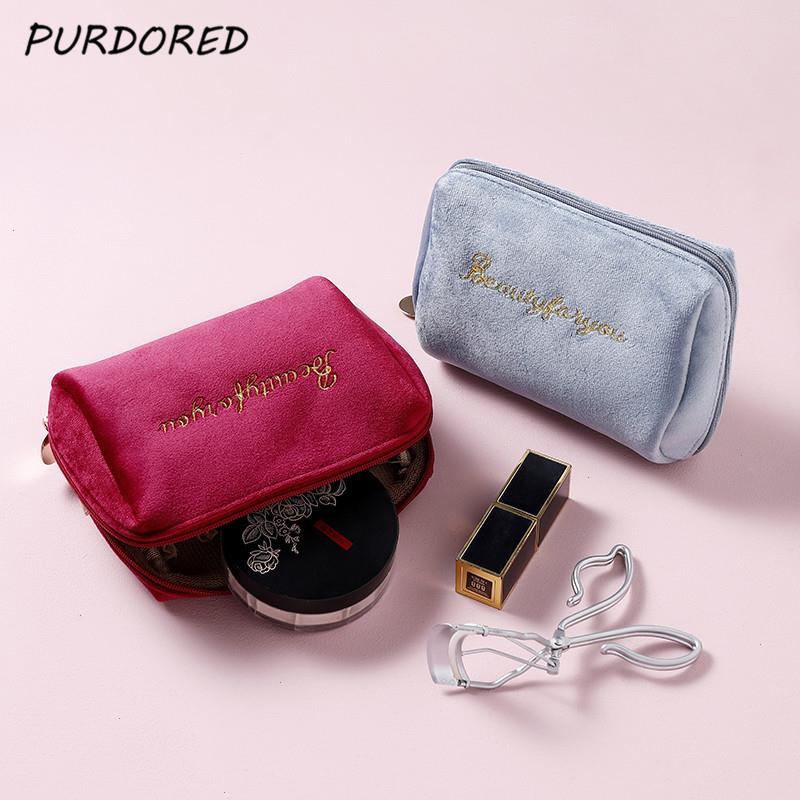 

1 Pc Women Zipper Velvet Make Up Bag Travel Large Cosmetic For Makeup Solid Color Female Pouch Necessaries, Black