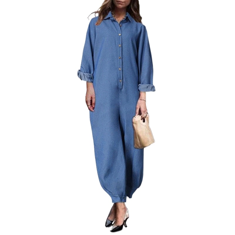 demin Rompers 2021 VONDA Women Playsuits Ladies Turn Down Neck Long Sleeve Solid Color Office Overalls Oversized Pantalones 5XL Women's Jump-image-790036265