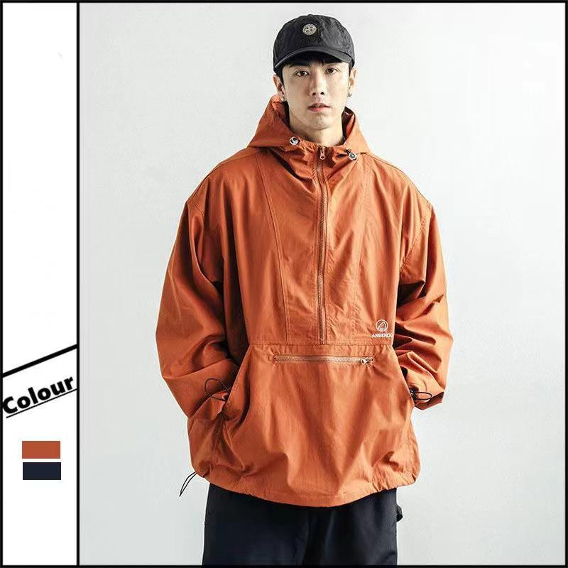

Men's Jackets Japanese Retro Semi Zipper Pullover Jacket Men's Outdoor Leisure Loose Stitched Hooded Streetwear Orange/navy Color CoatsM