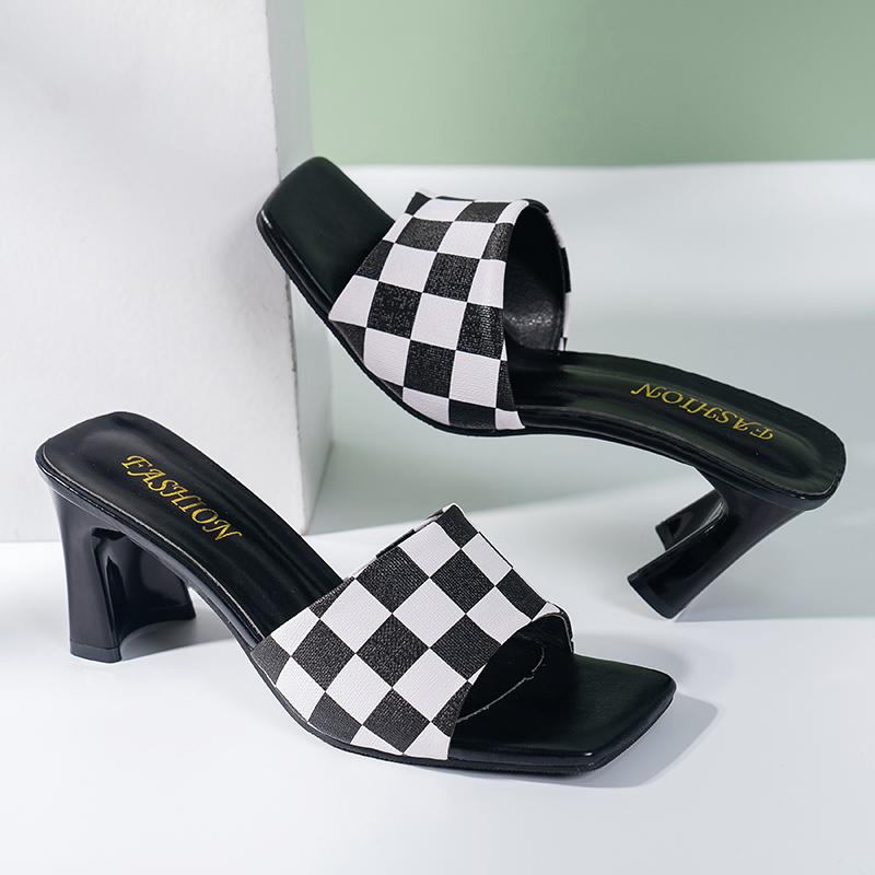 

Slippers Summer Women Shoes Woman Slides Grid Leather Hoof High Heels Peep Toe Casual Sexy Ladies Female Mules, Khaki