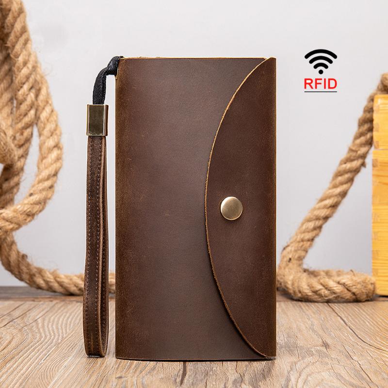 

Wallets Men's Genuine Leather Handmade Long Wallet Luxury Rfid Vintage Cowhide Male Coin Phone Purse Clutch Hand Bags With Wrist StripWa, Dark brown