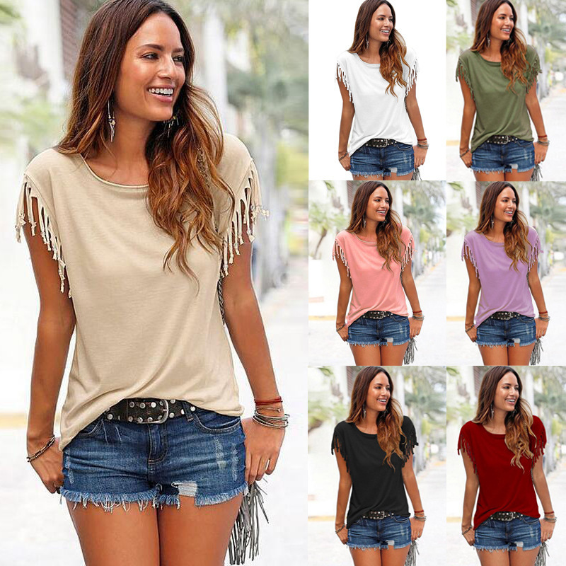 

Women Cotton Tassel Casual Tshirt Sleeveless Solid Color Tees Short Sleeve Oneck Womens Clothing t shirt  in 220615, Pink
