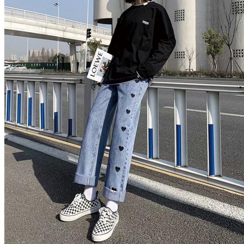 

Women's Jeans Women Pant Woman High Waist Denim Pants Wide Leg Clothing Blue Vintage Quality Fashion Embroidery Love, Sky blue