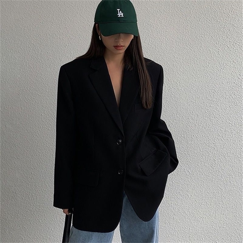 

Suit Blazer Fashion Solid Color Lapel Blazer Women Elegant Vintage Casual Loose Temperament Coat Jacket Women Goth 220402, Black