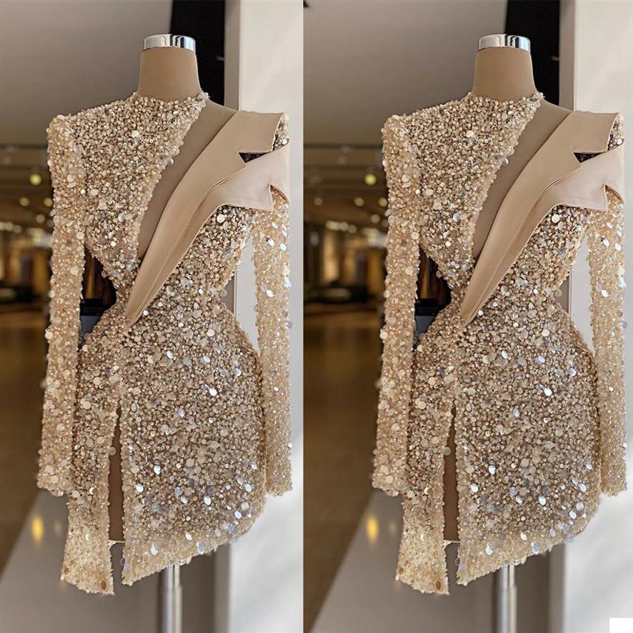 

Champagne Evening Dresses Luxury Sequins Beads High Neck Long Sleeves Prom Dress Formal Party Gowns Custom Made Knee Length Robe d207i