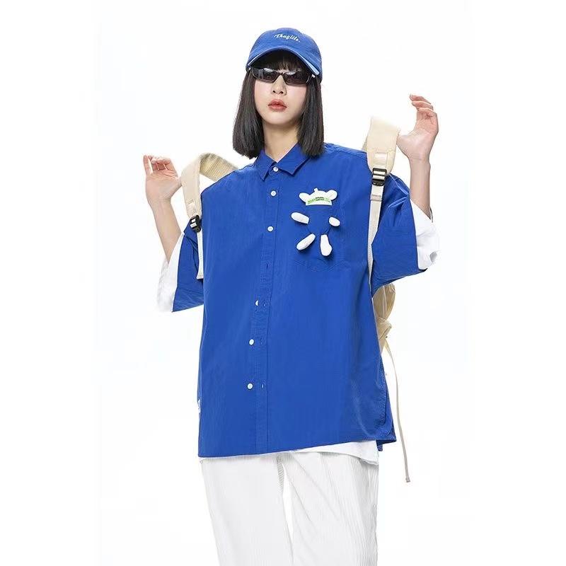 

Men's Casual Shirts Summer Men's Fashion Blue/black Color Short Sleeved Lapel Collar Bear Doll Decorate Loose Unisex ClothesMen's