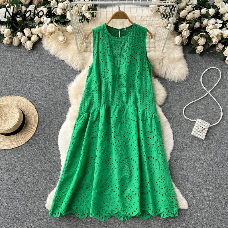 

Casual Dresses Neploe O Neck Solid Color Sleeveless Dress Korean Fashion Simple All-match Robe Embroidery Hollow Out Design Sense VestidosCa, White