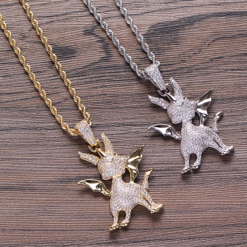 

Pendant Necklaces Hip Hop Full CZ Zircon Paved Bling Iced Out Cartoon Little Dragon Pendants Necklace For Men Rapper Jewelry Gold ColorPenda