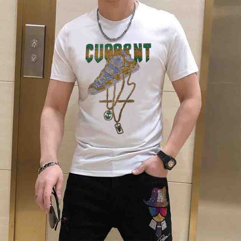 Men's Fashion T-shirt Round Neck Short Sleeve Rhinestone Street Style Hip Hop Summer New Design Male Tees Cotton High Quality Mens Clothes S-4X