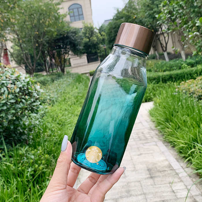 Starbucks 2021 new dark green gradient bronze golden Mermaid glass water bottle accompanying coffee cup-image-760731801