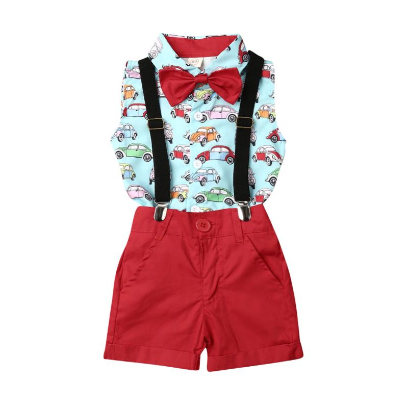 

Clothing Sets 1-5Y Fashion Toddler Baby Boys Gentleman Summer Cartoon Car Print Sleeveless Shirt Top Suspender ShortsClothing, As pic