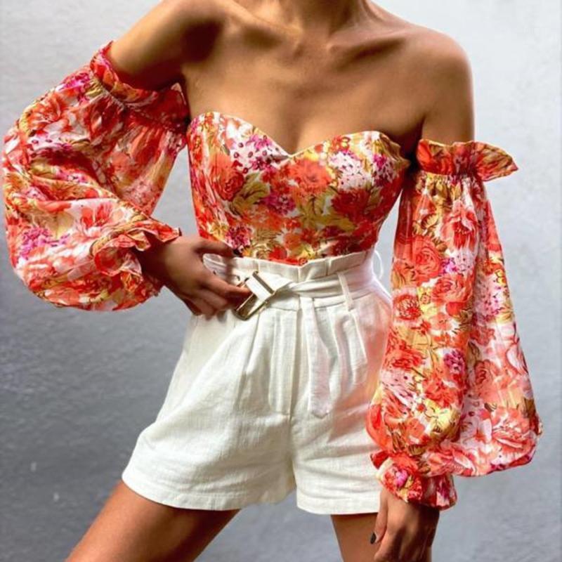 

Women' Blouses & Shirts Sexy Off Shoulder Ruffles Summer Crop Top Fashion Women Holiday Beach Shirt Vintage Printed Elegant 2022 Female Blo, Khaki