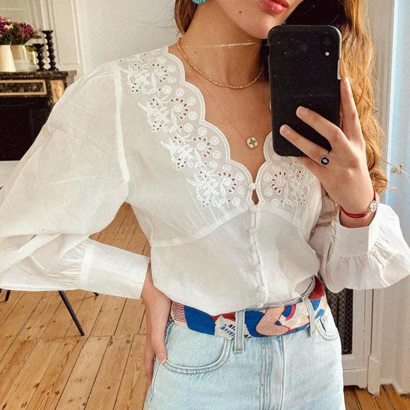 

Women' Blouses & Shirts Elegant Lace Femme Puff Sleeve Vintage Button Up Hollow Out Tops Chic White 2022 Camisas Mujer Blouse Shirt Women T